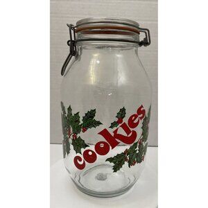 Christmas Cookie Jar Hinged Swing Top Lid Holly Berry Design 10.75" tall - EUC